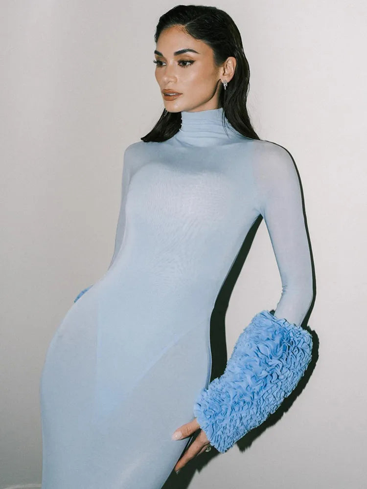 New Women Celebrity Sexy Long Sleeve Mesh Sky Blue Maxi Long Bodycon Dress 2024 Elegant Evening Club Party Outfit