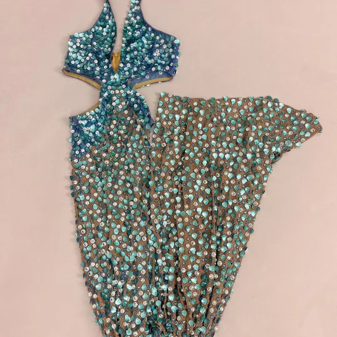 New Mermaid Blue Maxi Dress Shell Sequins Rhinestone Evening Gown for Women Luxury Ball Dress Deep V Neck Mesh Dress Beiduofen