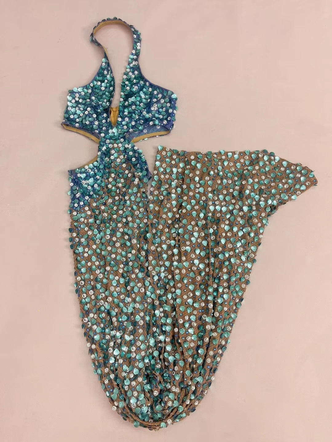 New Mermaid Blue Maxi Dress Shell Sequins Rhinestone Evening Gown for Women Luxury Ball Dress Deep V Neck Mesh Dress Beiduofen