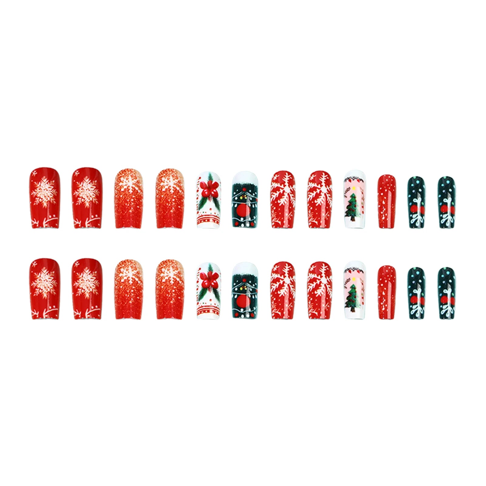 Christmas Fake Nails 24Pcs Medium-length Squre Press On Nails Xmas Tree/Snowflake Printed Women Girls Charm Manicure Nails Art