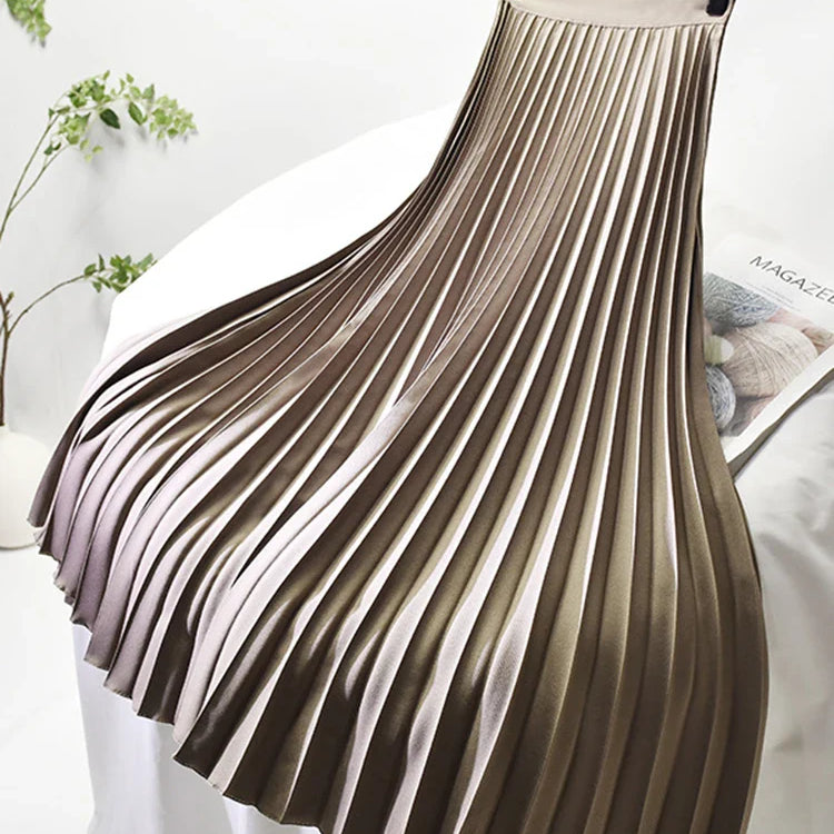 Brand Designer Women Spring Autumn Elegant Chic Solid Pleated Skirt High Waist Luxury Fashion With Elastic Female C-035 Coffee