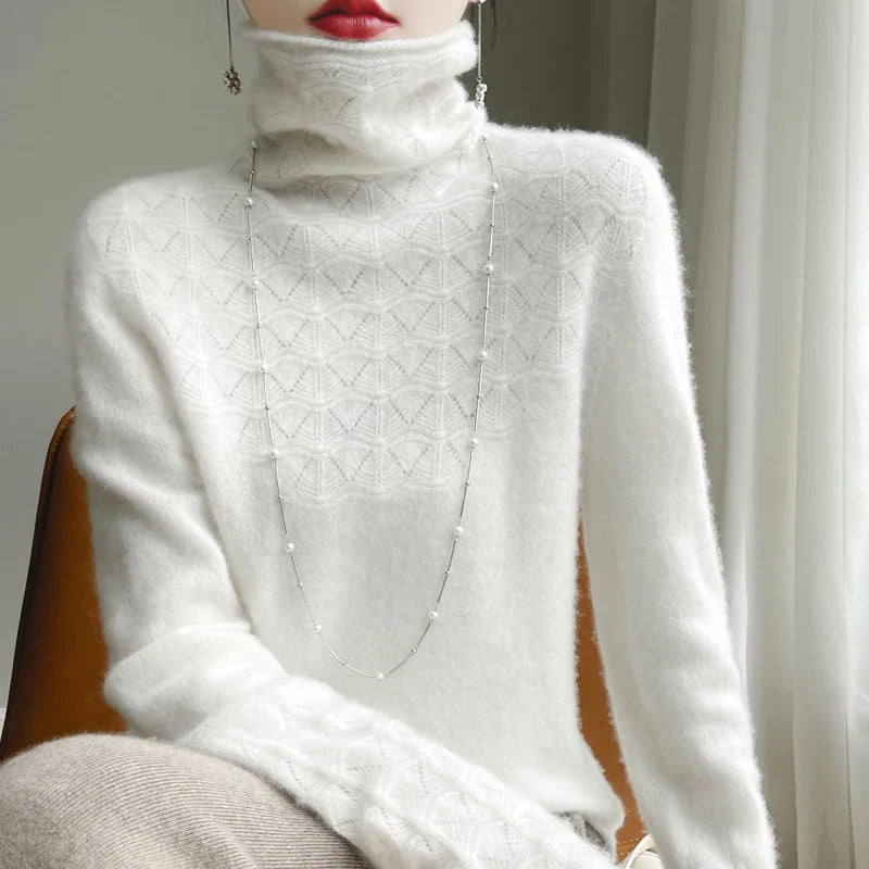 Fashion Cashmere Jumper 100% Merino Wool Pullover Winter High Neck Solid Long Sleeve Women's Seamless Hollow out Knitted Sweater white