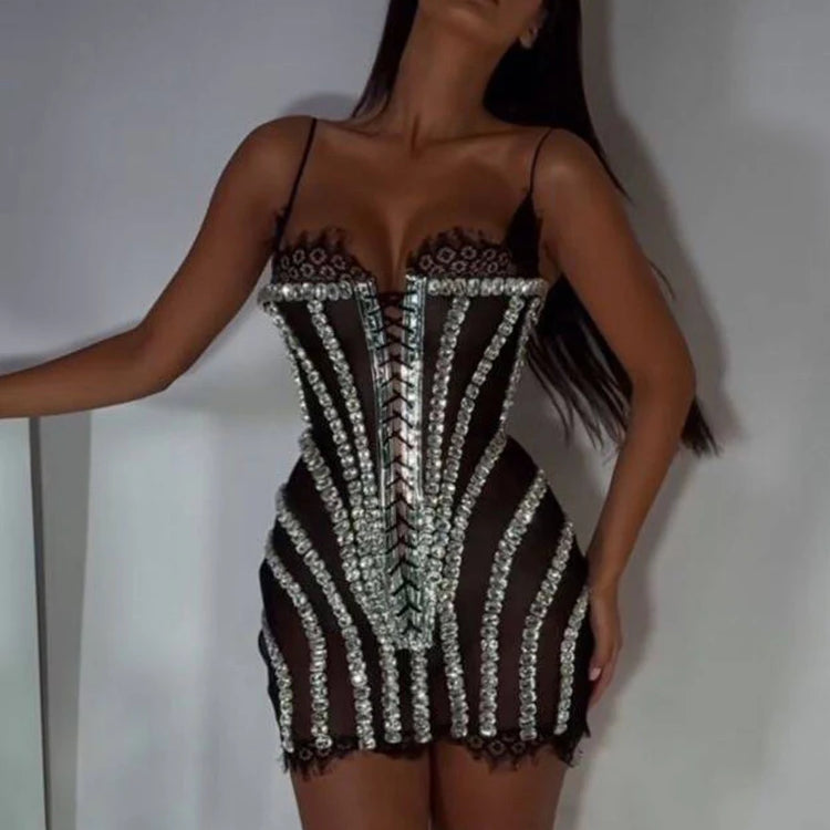 Glamorous Black Lace Adorned Strappy Corset Mini Dress with Sparkling Crystals Evening Gown
