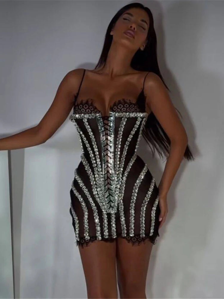 Glamorous Black Lace Adorned Strappy Corset Mini Dress with Sparkling Crystals Evening Gown
