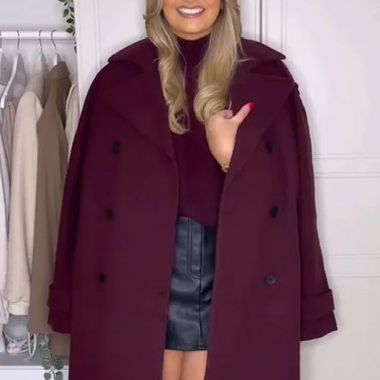 Women's Solid Turndown Collar Single-breasted Coat Casual Long Sleeves Burgundy Women Coat New Fall Winter Office Lady Outerwear