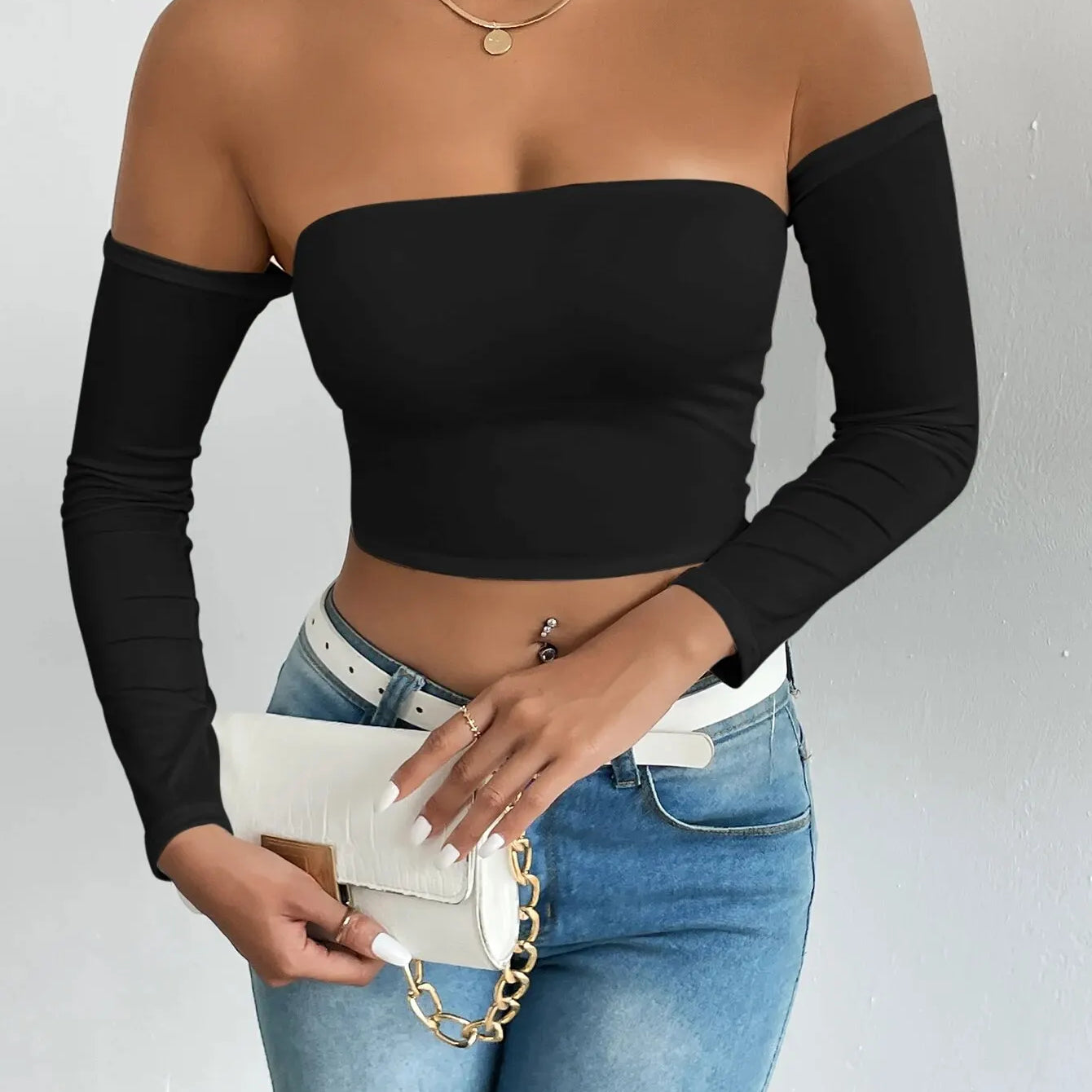Women's Off Shoulder Long Sleeve Crop Top - Casual Spring/Fall Shirt black