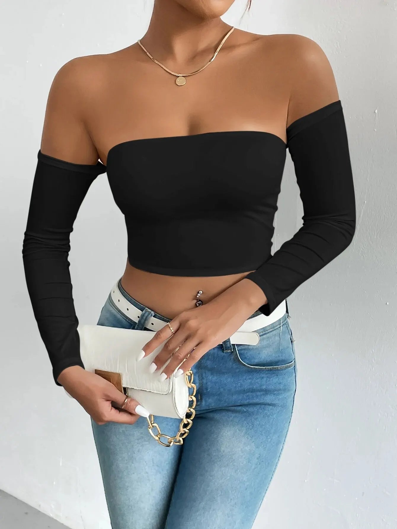 Women's Off Shoulder Long Sleeve Crop Top - Casual Spring/Fall Shirt black