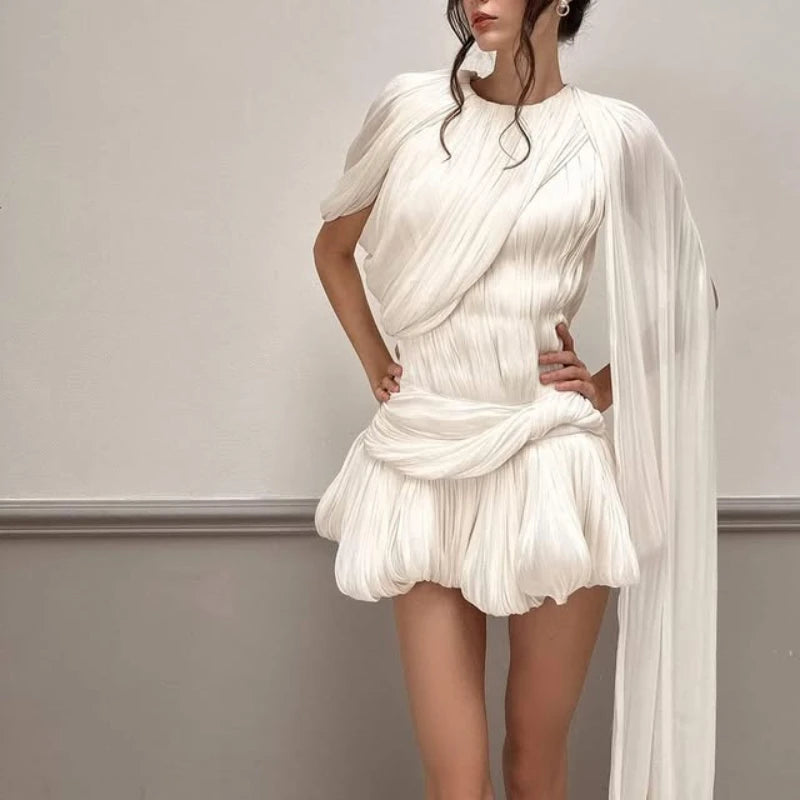 Solid Slimming Fashion Dresses for Women Round Neck Short Sleeve Patchwork Folds Irregular Temperament Dress Female