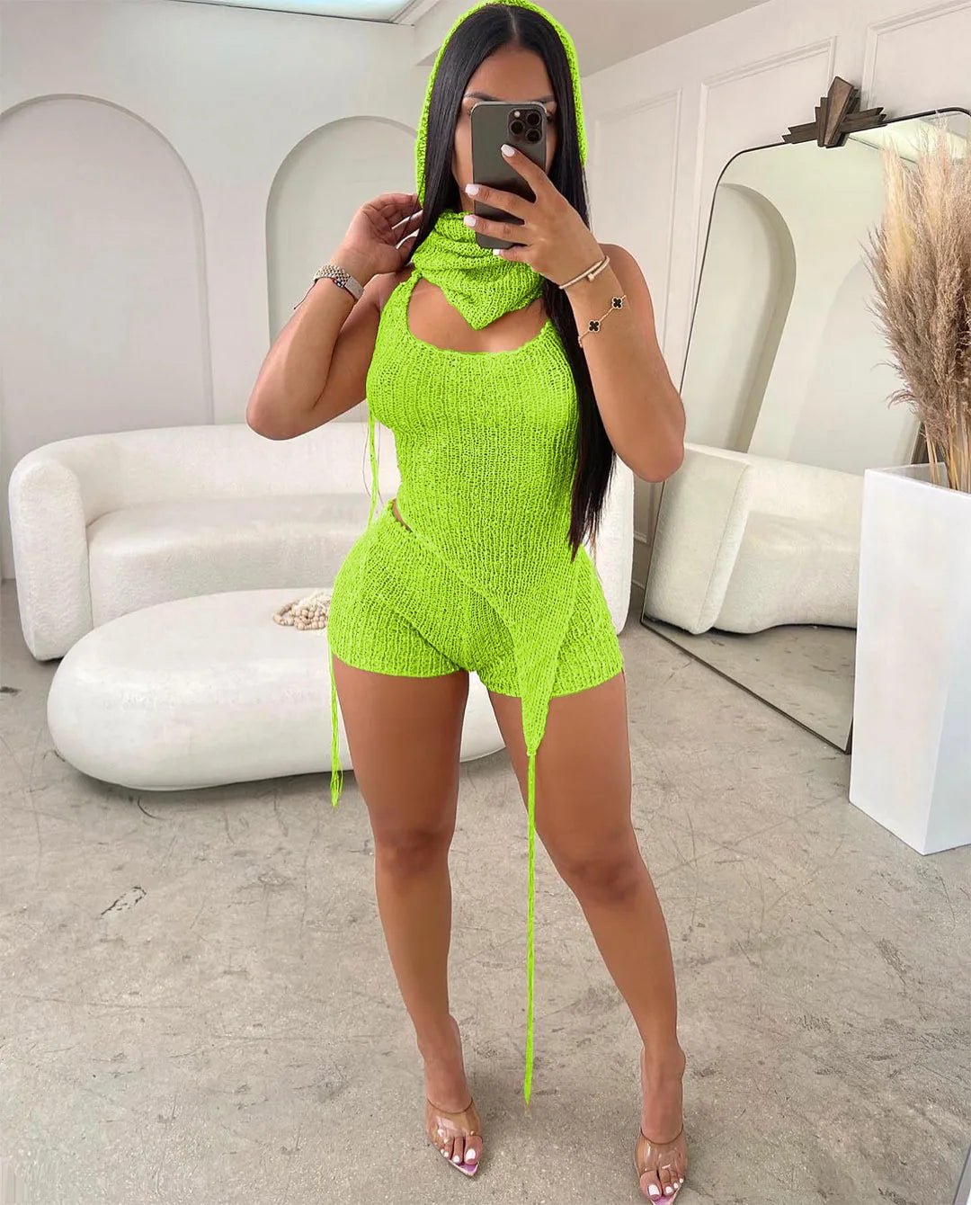 Knit Ribbed Women's Set Halter Neck Backless Crop Top with Hat Shorts Suit 2023 Summer Two 2 Piece Set Outfit Tracksuit yellow green