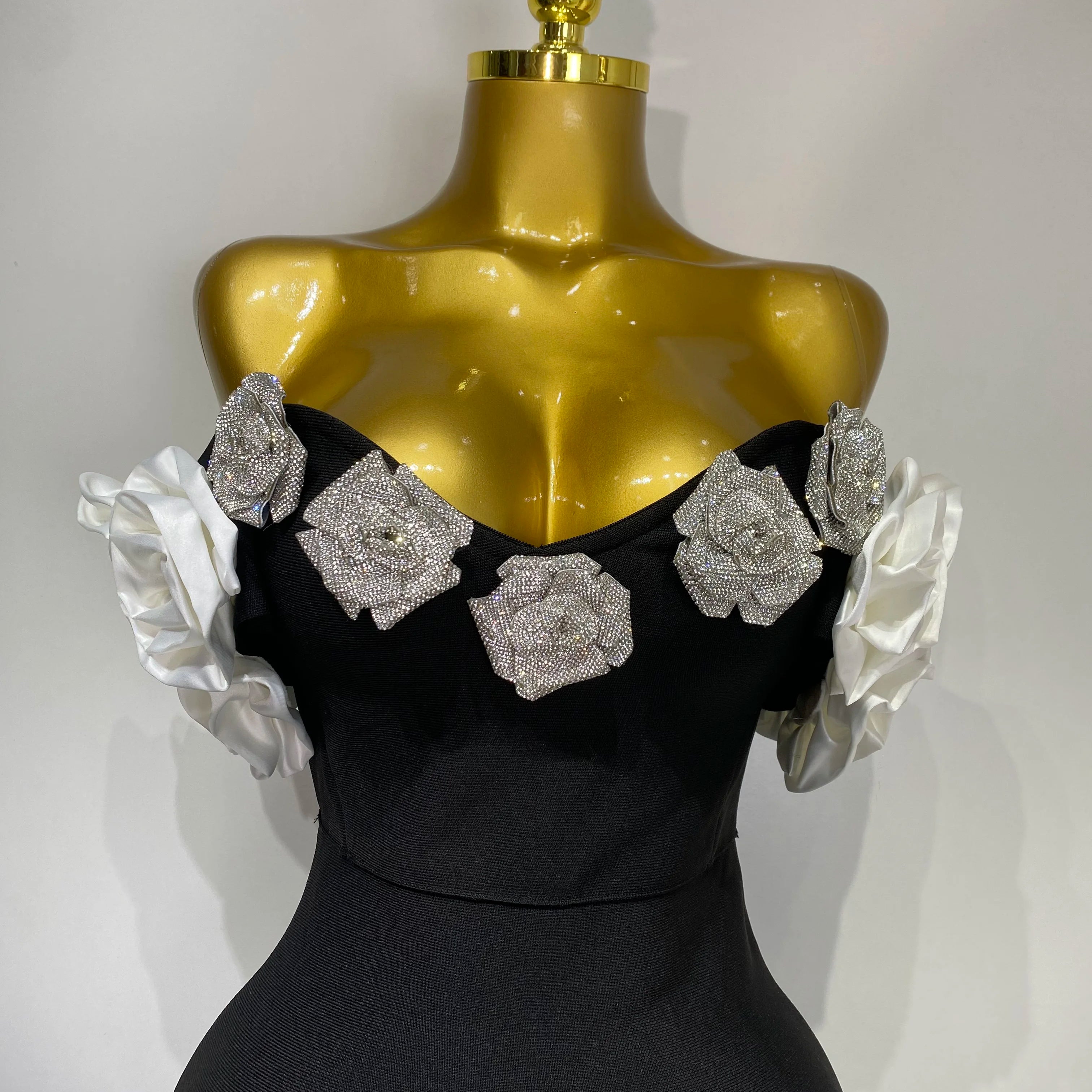 Women Luxury Rhinestone Celebrity Sexy Off Shoulder Flower Maxi Long Bodycon Bandage Dress Elegant Evening Club Party Outfit