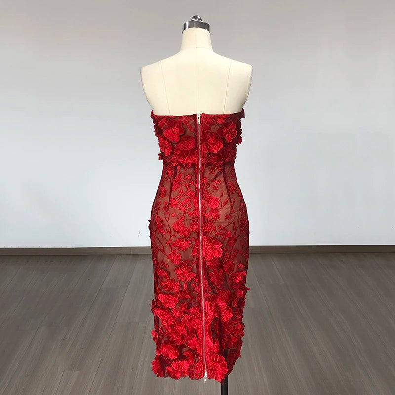 New Red Color Women Strapless Embroidery Flowers Bodycon Midi Bandage Dress Fashion Celebrate Birthday Evening Party Dress