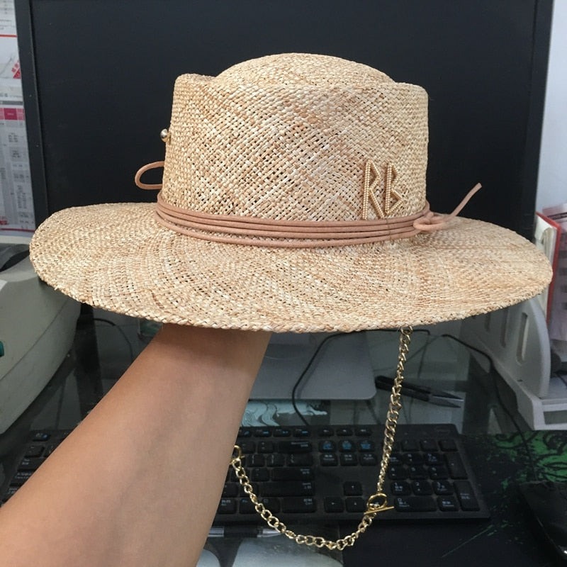 Straw hat for women with letter and chain Wide Brim Floppy Sun Hat Summer Hats Lady Beach Cap