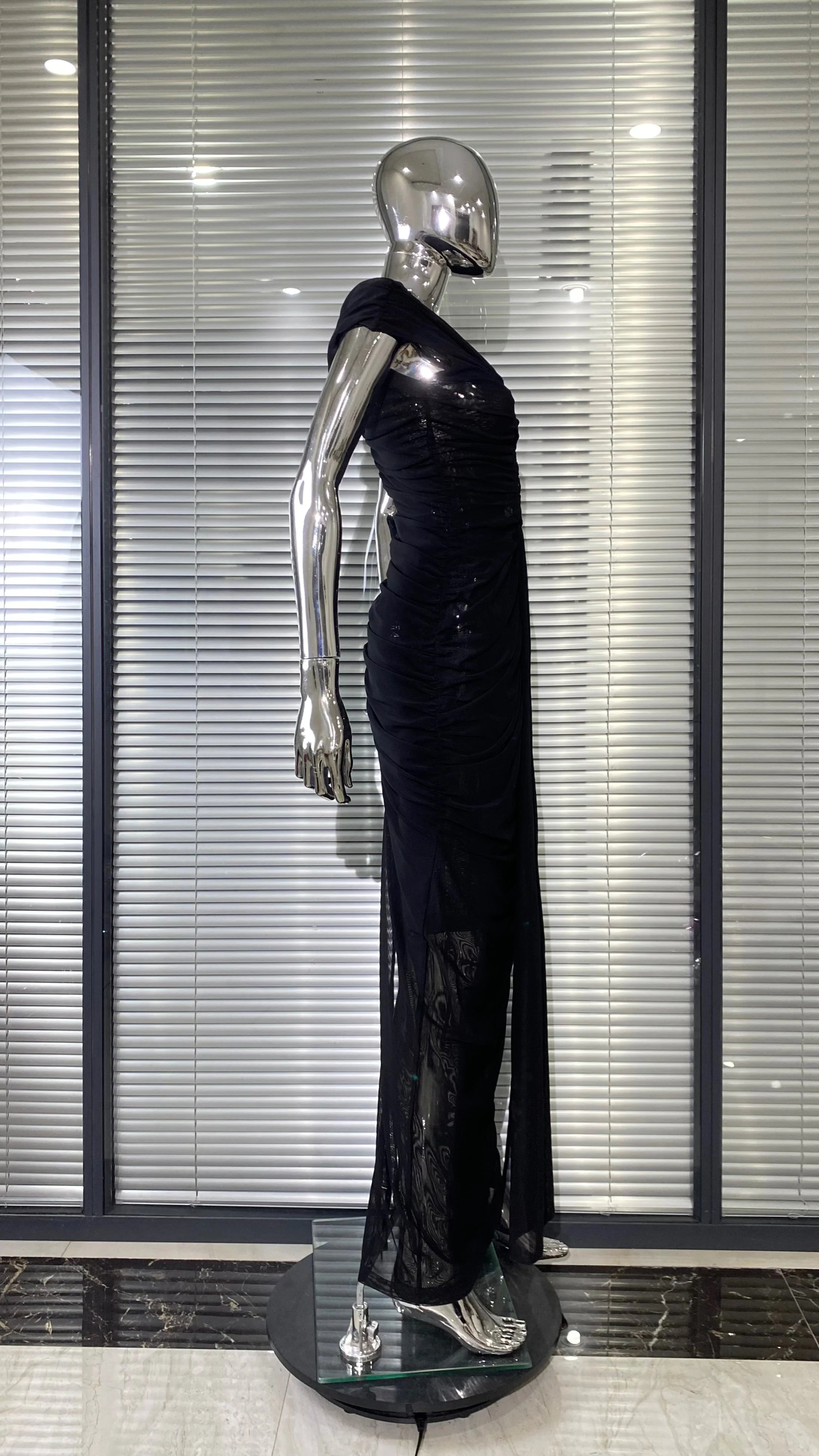 New Sexy Hollow Out SeeThrough Mesh Ankle Leng Evening Dress Fashion Woman Birthday Party Vestido Celebrity Evening Party Outfit