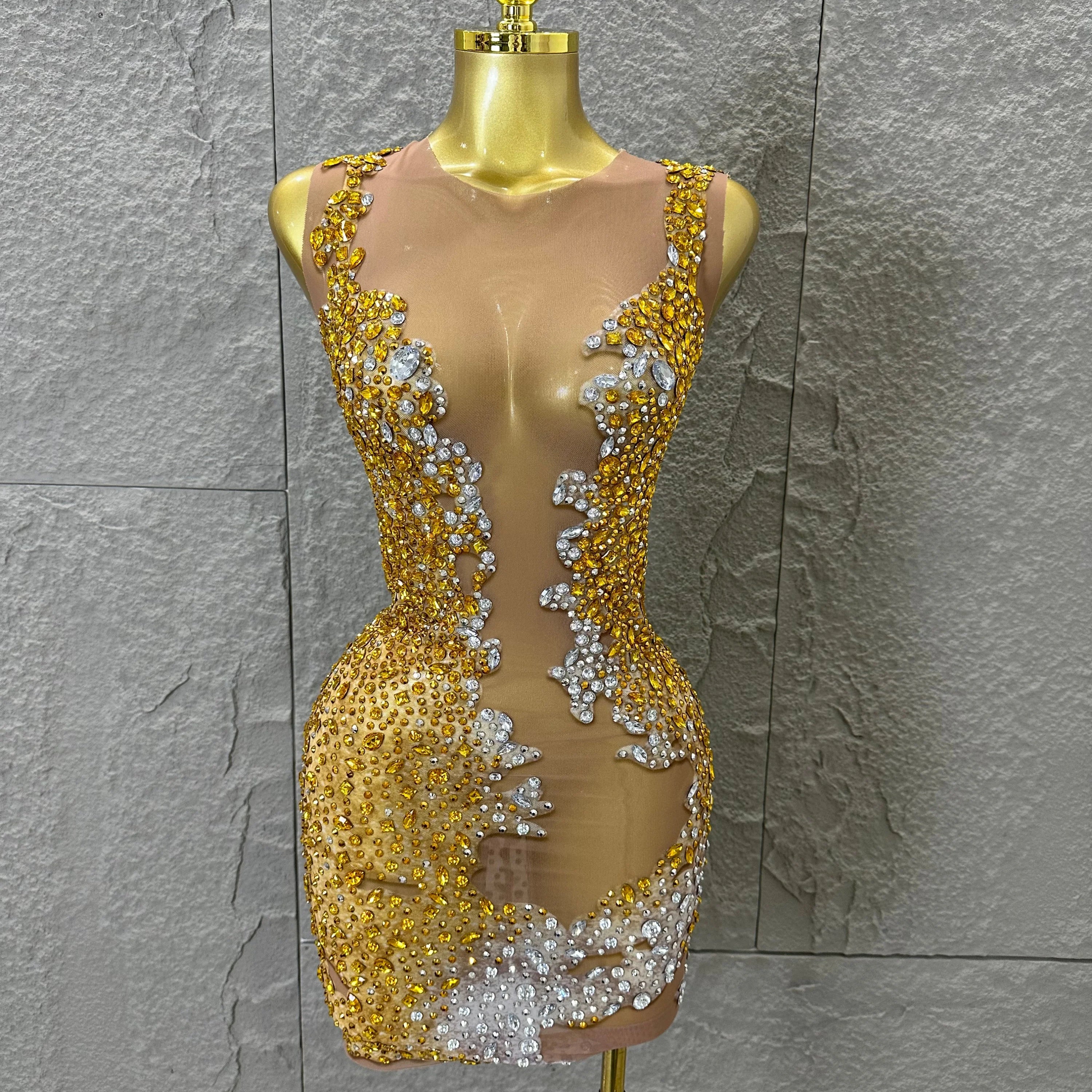 2026 New Sexy Fashion Gold Sparkly Dance Show Stage Costume Women Birthday Party Rhinestones Tassels Transparent Short Dress Gold