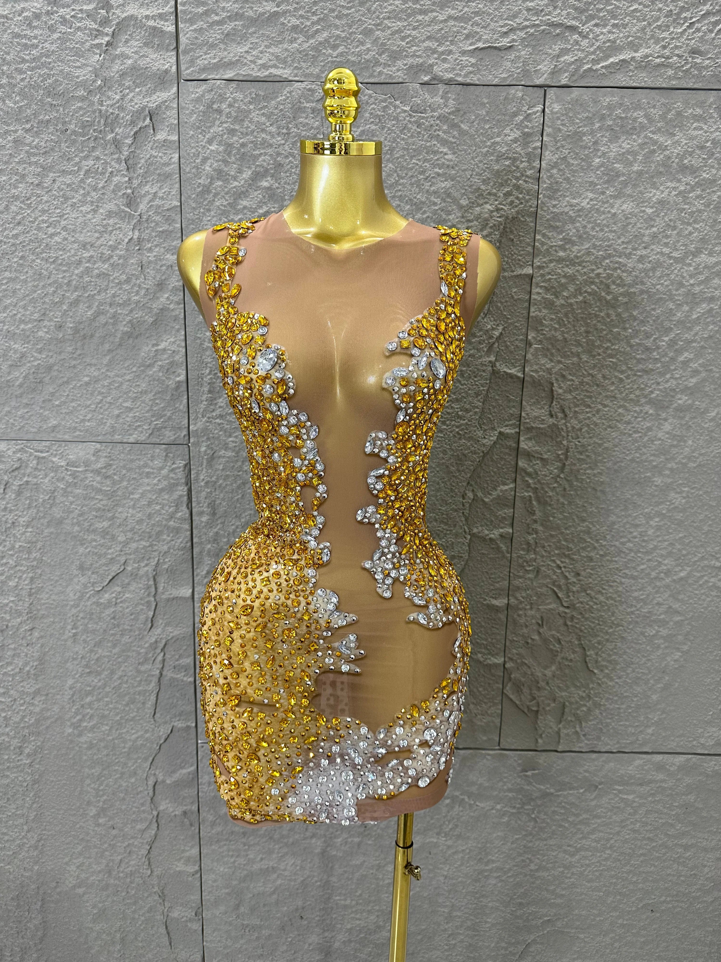 2026 New Sexy Fashion Gold Sparkly Dance Show Stage Costume Women Birthday Party Rhinestones Tassels Transparent Short Dress Gold