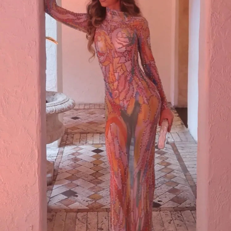 Stock Women Luxury Sexy Painting Crystal Diamonds Maxi Long Dress Birthday Party Costume Bar Nightclub Stage Performance Outfits