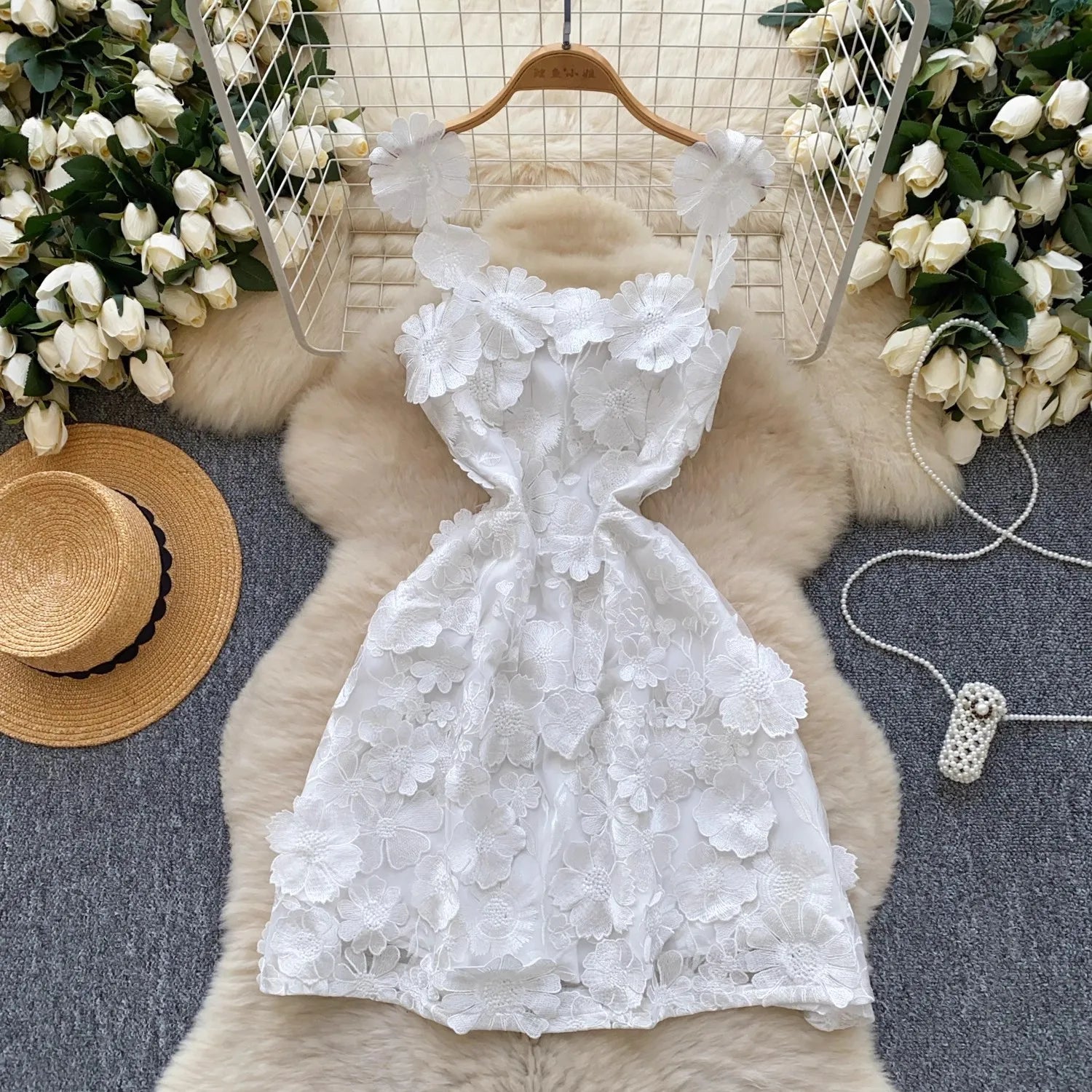 Summer Holiday Hollow Out Flower Embroidery Dress Women's Square Collar Sleeveless Mesh Flower Bohemain MIni Robe Vestidos white