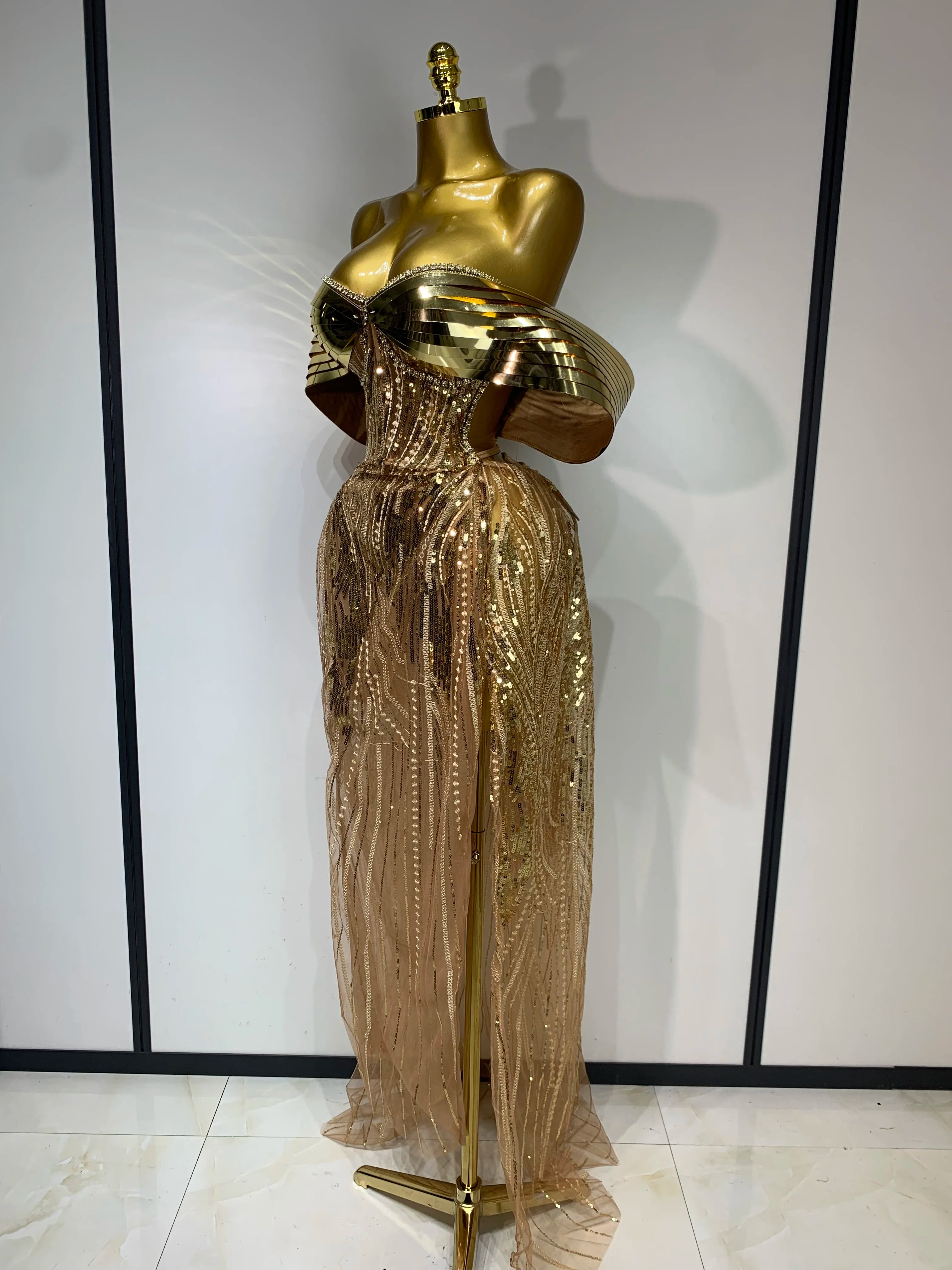 Sparkly Gold Long Dress Luxury Rhinestone Sequins See Thourgh Birthday Gown Sexy Off Shoulder Performance Singer Costume