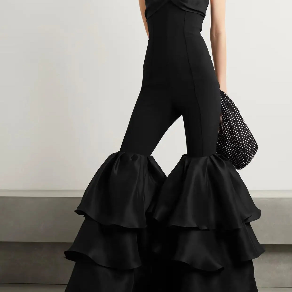 High Street Women Sexy Strapless Bodycon Ruffles Wide Leg Jumpsuit Bandage Celebrate Evening Party Jumpsuit