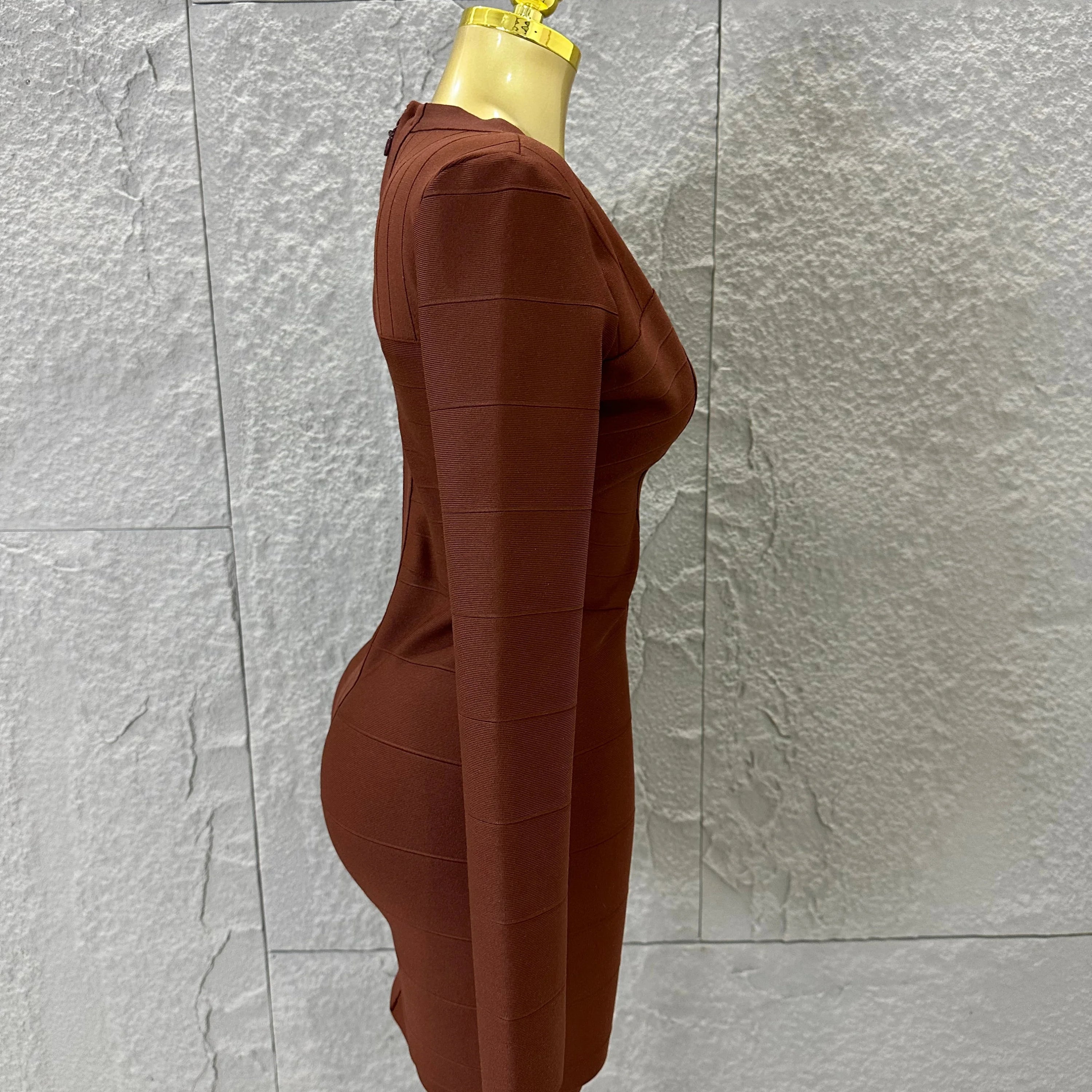 Women Elegant Brown Long Sleeve Mini Dress Women Sexy Deep V Neck Bandage Nightclub Evening Party Cocktail Party Dress