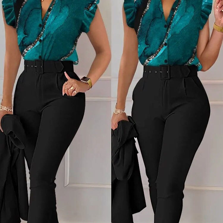 Spring Summer Women's New Printed Lotus Leaf Sleeveless Shirt Suit Slim Femal Office Solid Color Long Pants Belt Two Piece Set Dark green