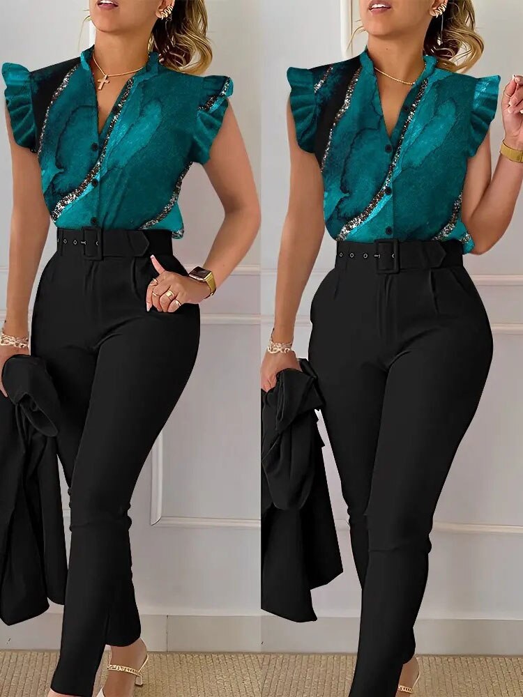 Spring Summer Women's New Printed Lotus Leaf Sleeveless Shirt Suit Slim Femal Office Solid Color Long Pants Belt Two Piece Set Dark green