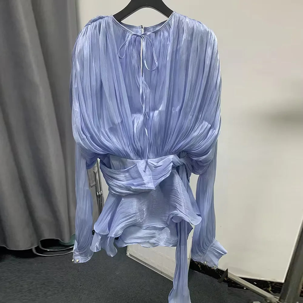 Solid Loose Spliced Folds Elegant Dresses for Women Round Neck Long Sleeves Patchwork Lace Up Tunic Dress Female LIGHTBLUE