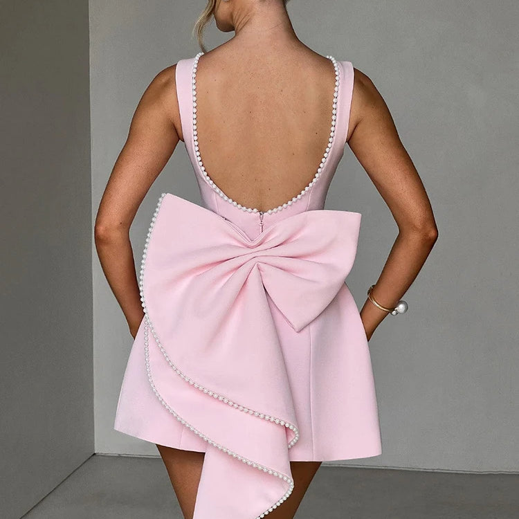 Pearl Bow Backless Sexy Mini Dress For Women Robe Fashion Zipper Sleeveless High Waist A-line Club Party Dress Elegant Pink