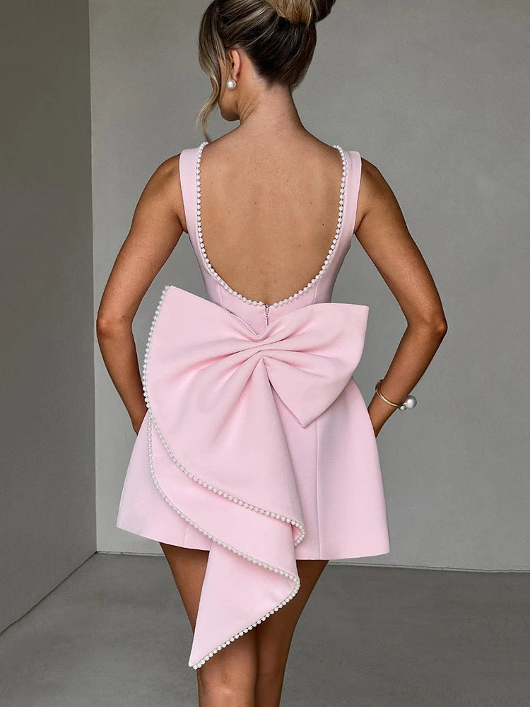 Pearl Bow Backless Sexy Mini Dress For Women Robe Fashion Zipper Sleeveless High Waist A-line Club Party Dress Elegant Pink