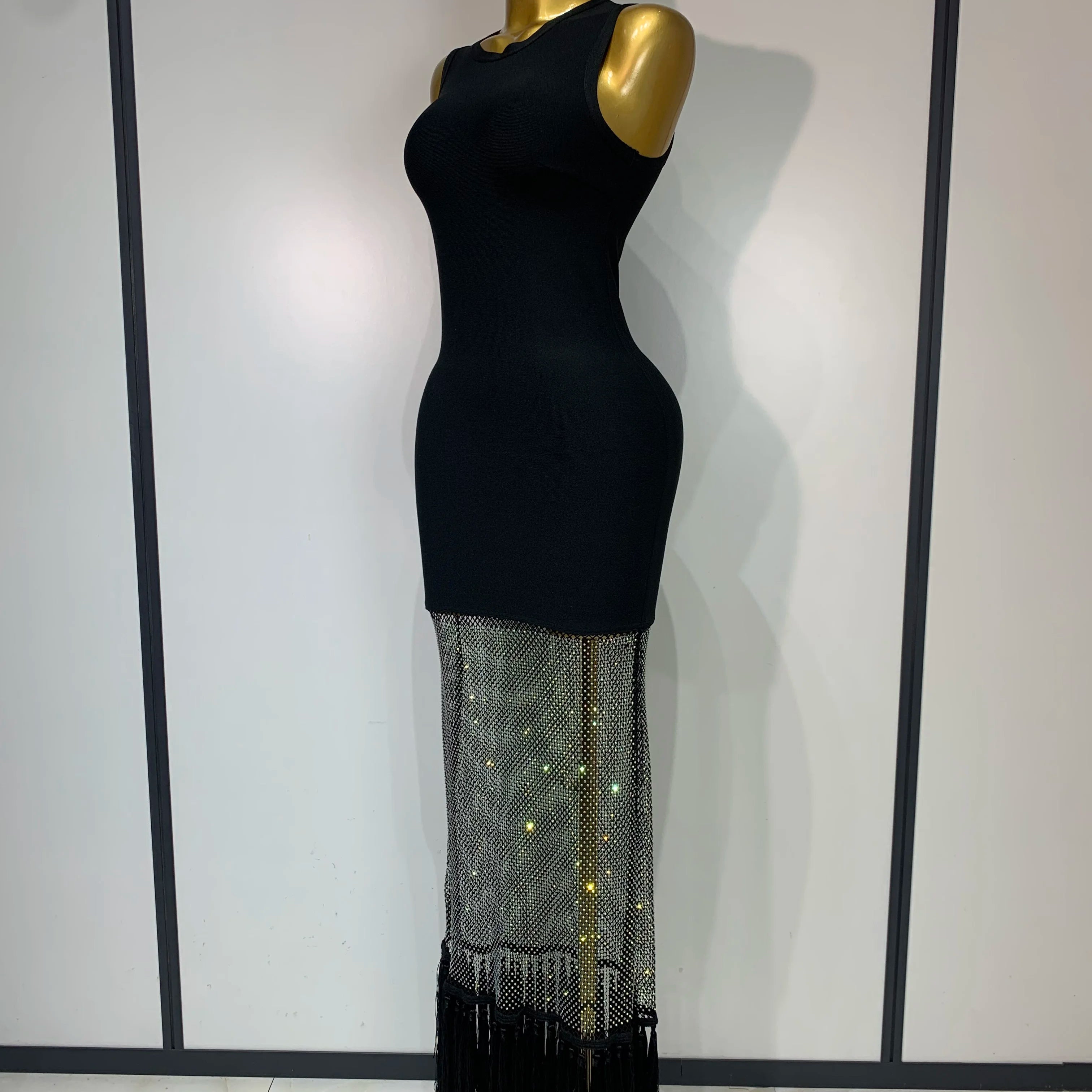 2025 New Fashion Black Sleeveless Sparkly Diamonds Tassel Bandage Dress Celebrity Cocktail Evening Party Luxury Birthday Gown