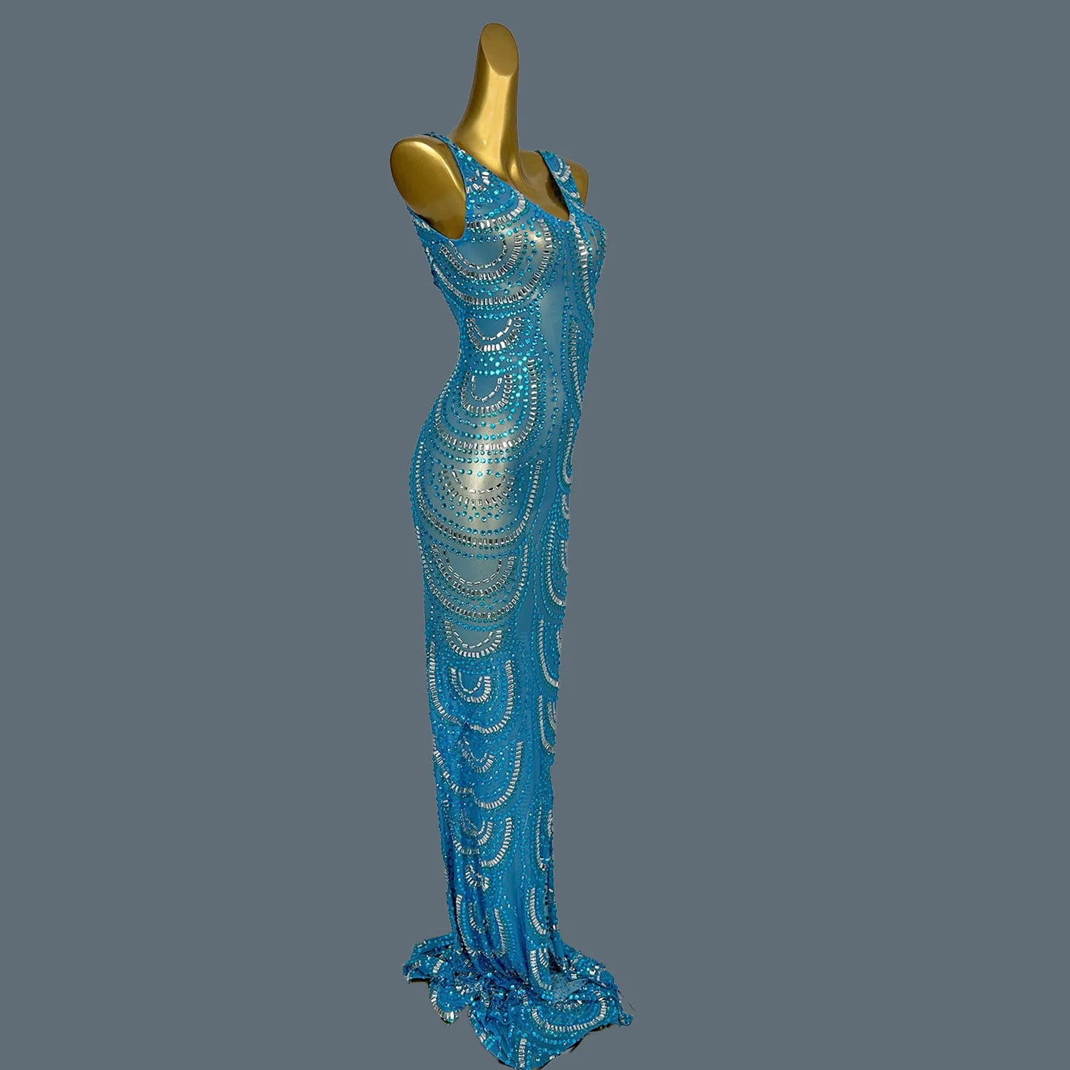 Sheer Mesh Blue Dress Sleeveless High Side Slit Club Dress Birthday Prom Bodycon Evening Dresses For Women Formal Luxury Lanquan