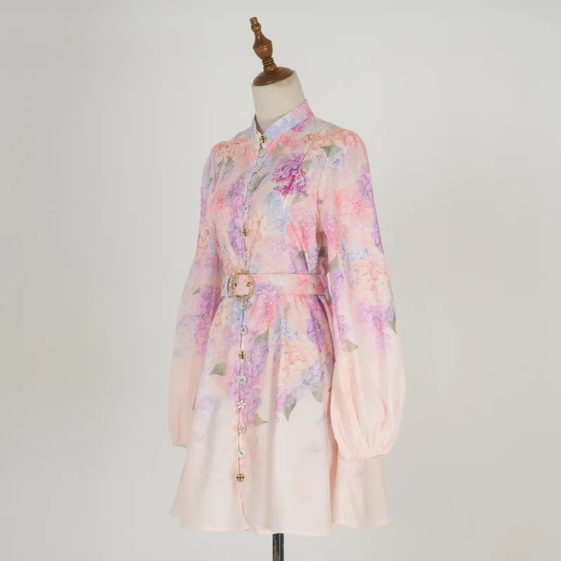 Real Shot In Stock European and American Vacation Style Long Sleeve Printed Short Dress Elegant Socialite Dress