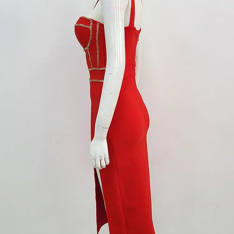 Ailigou Brand New Red Chain Sleeveless V-Neck Tight Midi Bandage Dress Tights Celebrity Club Party Dress Vesidos