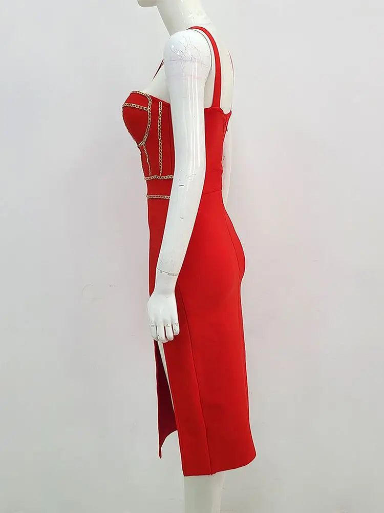 Ailigou Brand New Red Chain Sleeveless V-Neck Tight Midi Bandage Dress Tights Celebrity Club Party Dress Vesidos
