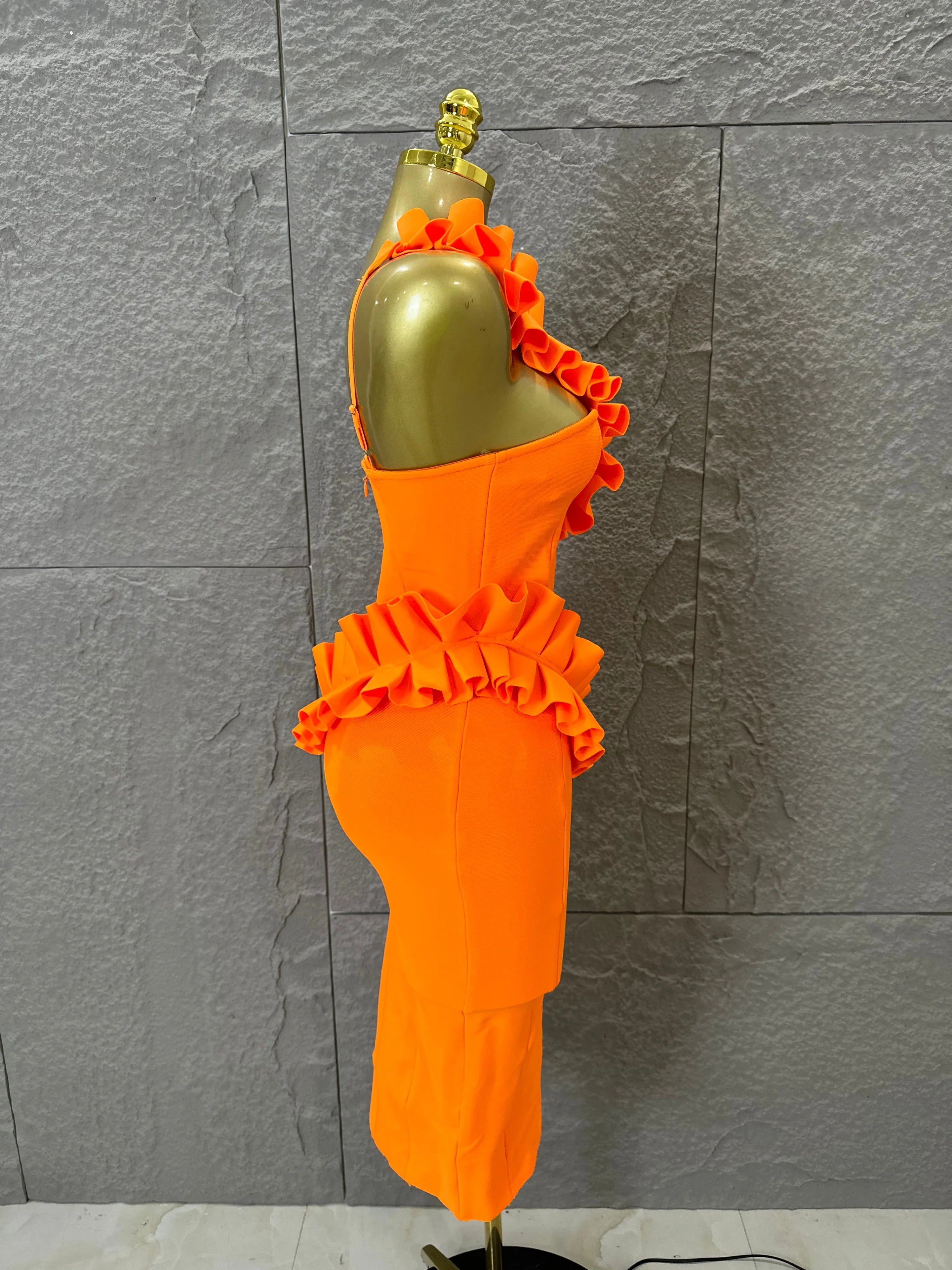 Sexy One-Shoulder Bodycon Midi Dress Women Sexy Ruffle Embellished Waist Cutout High Slit Outfit Evening Gala Party Costume