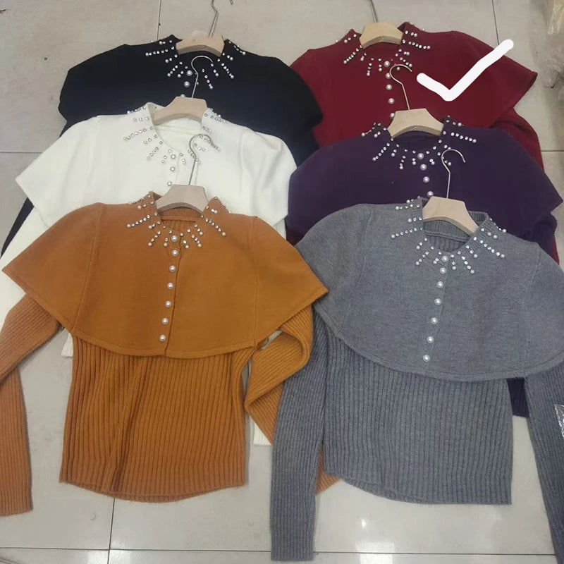 Autumn Winter Beaded Shawl Knitted Sweater For Women Slim Fit Inner Wear Layered Elegant Two-Piece Set 11A07563 Red One Size