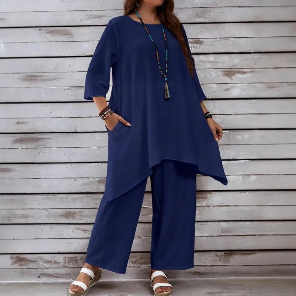 2 Piece Women Sets 2025 Plus Size Spring Autumn Matching Sets Top And Pants Suits Outfits Oversized Clothing Navy Blue