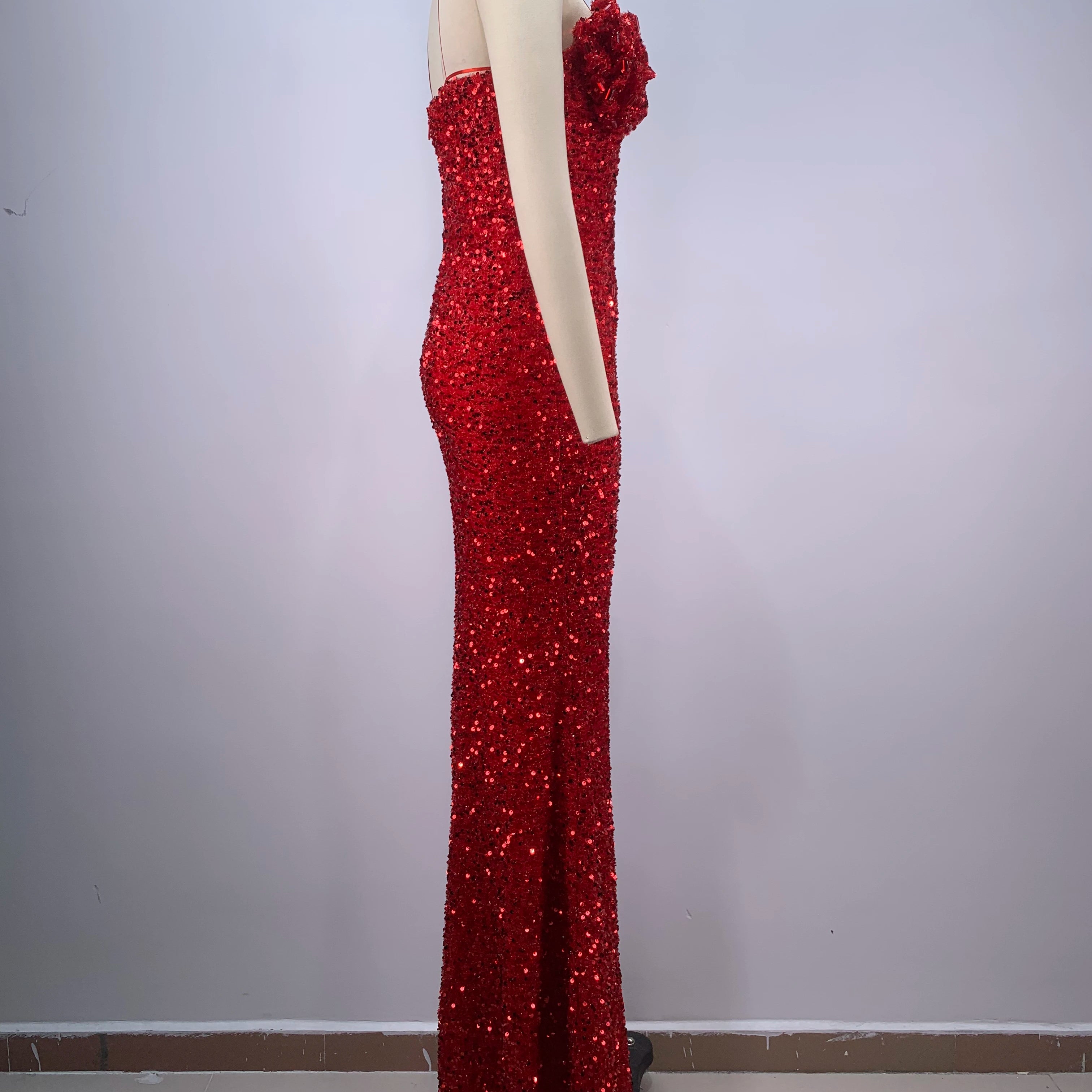 2024 Red Color Women Sexy Strapless Shinning Sequins Floor-lenght Dress Wedding Party Celebrate Prom Dress Vestido