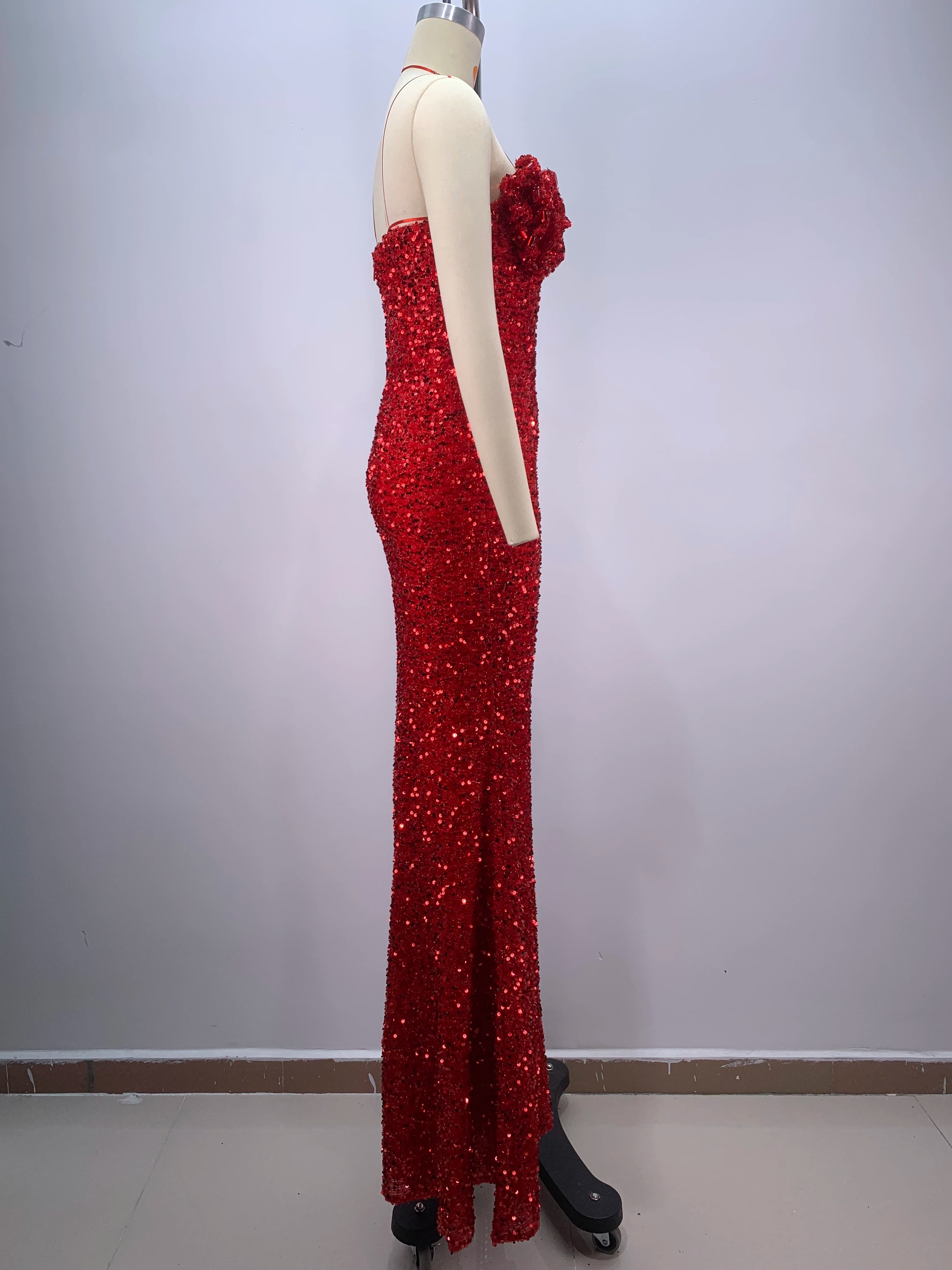 2024 Red Color Women Sexy Strapless Shinning Sequins Floor-lenght Dress Wedding Party Celebrate Prom Dress Vestido