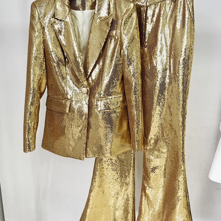2025 New Autumn Golden Sequins Women Long Sleeve Deep V-Neck Slim 2 Pieces Women's Set Elegant Evening Party Cocktail Wear