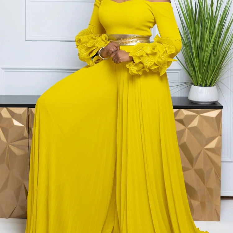 CM.YAYA Women Long Ruffles Sleeve Pleated Slash Neck Wide Leg Long Jumpsuits Party Beach belt Street Sexy Africa Outfit Rompers
