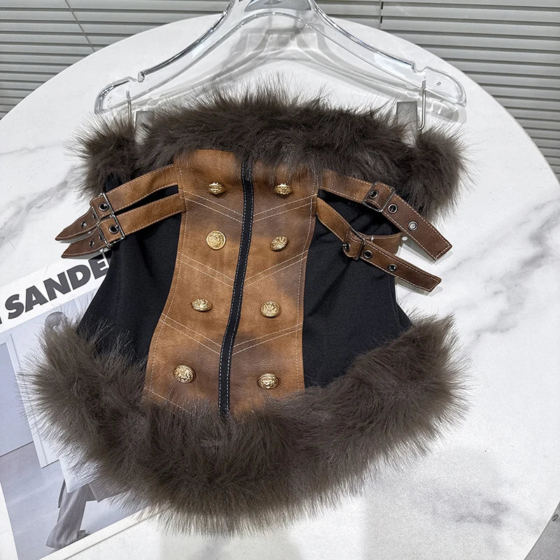 Winter New Fashion Furry Patchwork Suede Outerwear Camisole Vest For Women Backless Outwear Tank Top Female 11A07578