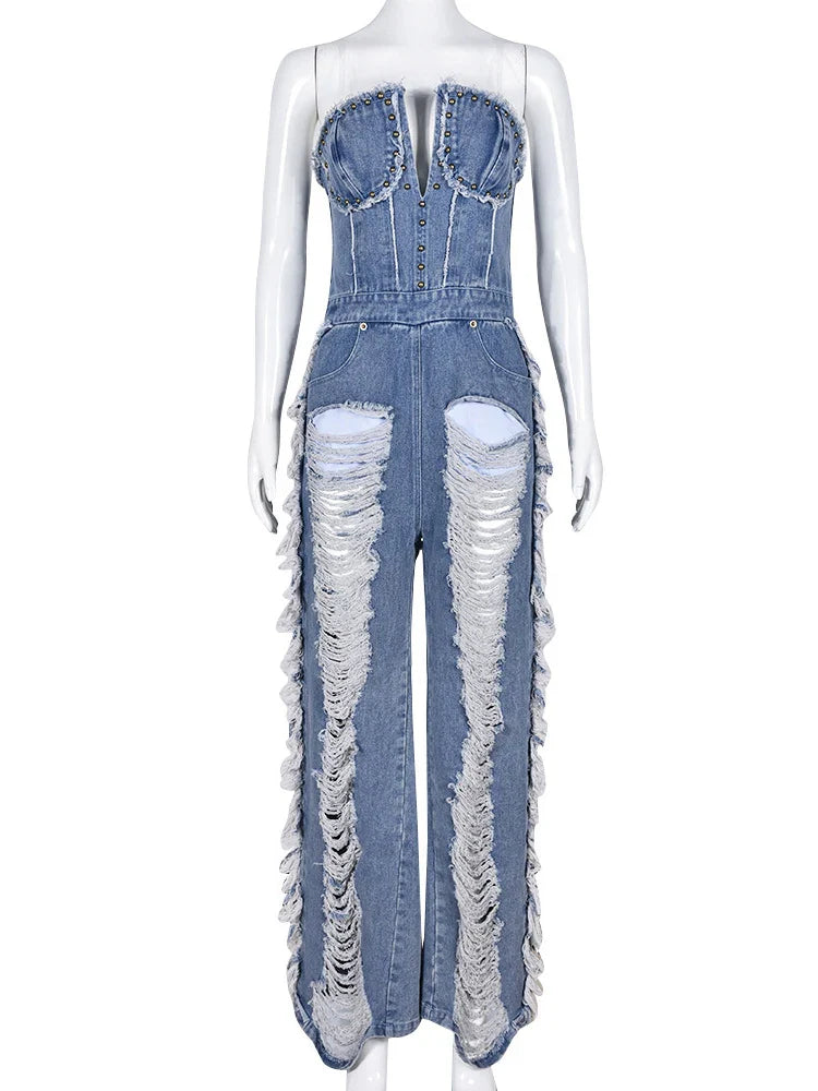 Sibybo Tassel Hollow Out Overalls For Women Studded Diamond Strapless Backless Jeans Street Fashion Trend Jumpsuite Femme