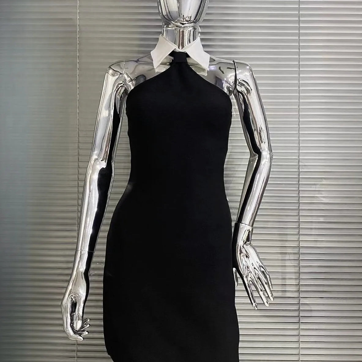 2023 New summer Fashion Design Turn Down Collar Sleeveless Black Mini Dress Woman Rayon Bandage Dress Evening Party Outfit black