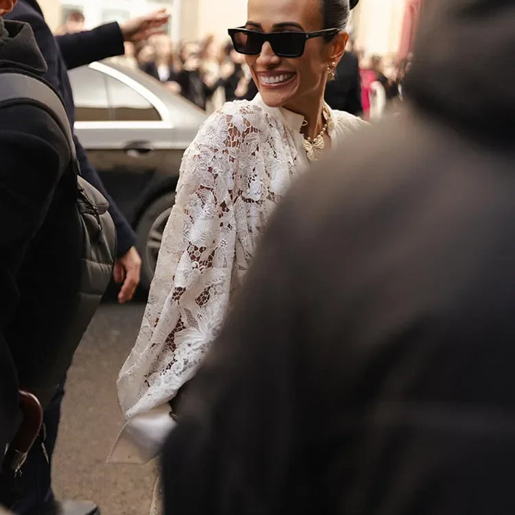 Spring Solid Lace Hollow Out Maxi Dress Women Fashion Lapel Long Sleeves Slim Dresses Elegant Female Party Club Robes