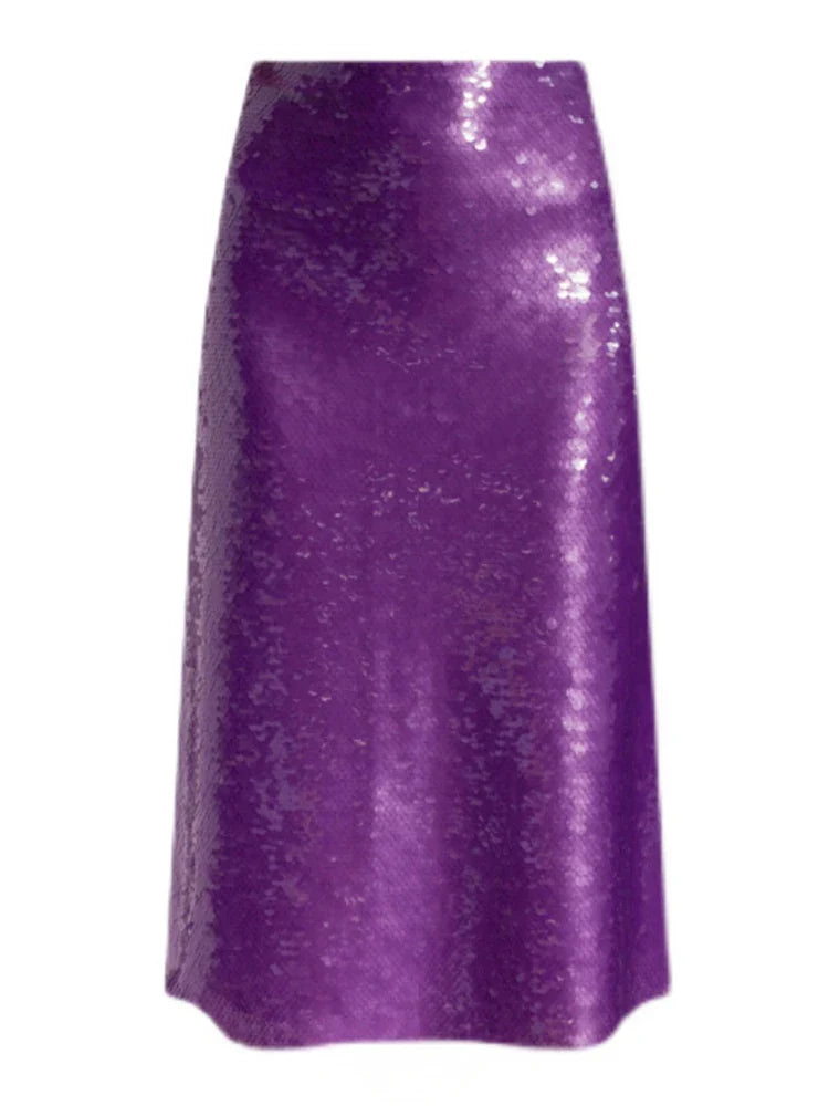 DEAT Fashion Women's Skirt Fit High Waist A-line Sequin Mid-calf Purple Versatile Skirts Female Summer New Tide 17A9008