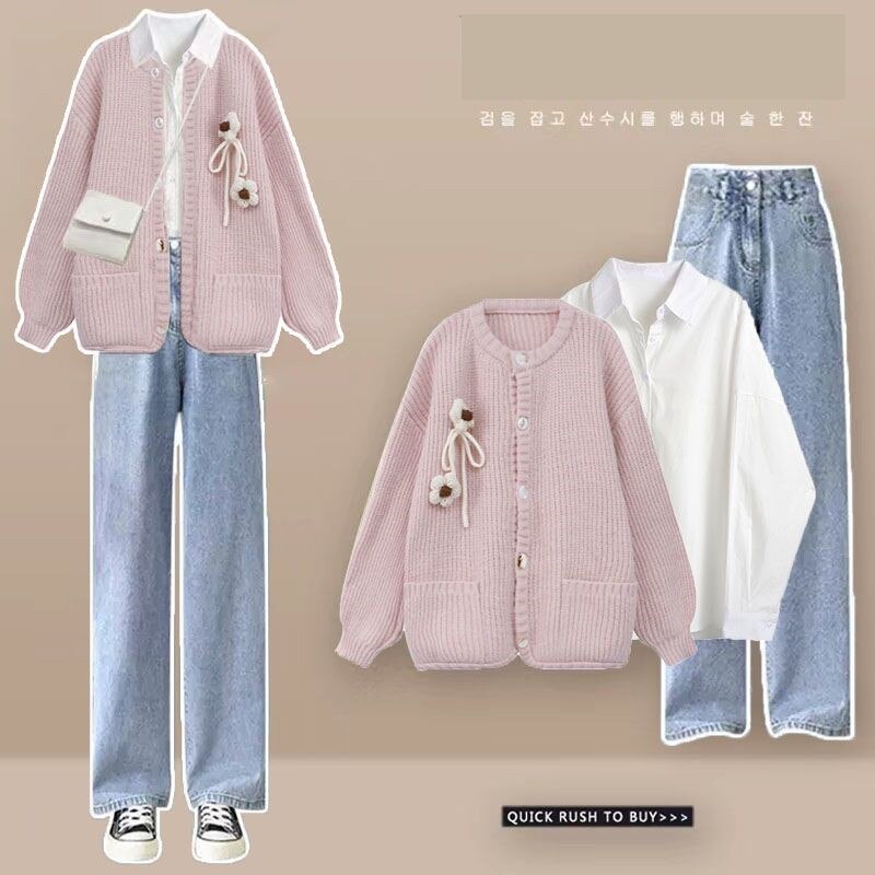 Women's Autumn Winter Loose Sweater Coat+Shirt+Jeans Three Piece 2024 New Matching Set Korean Elegant Cardigan Denim Pants Suit Set 02