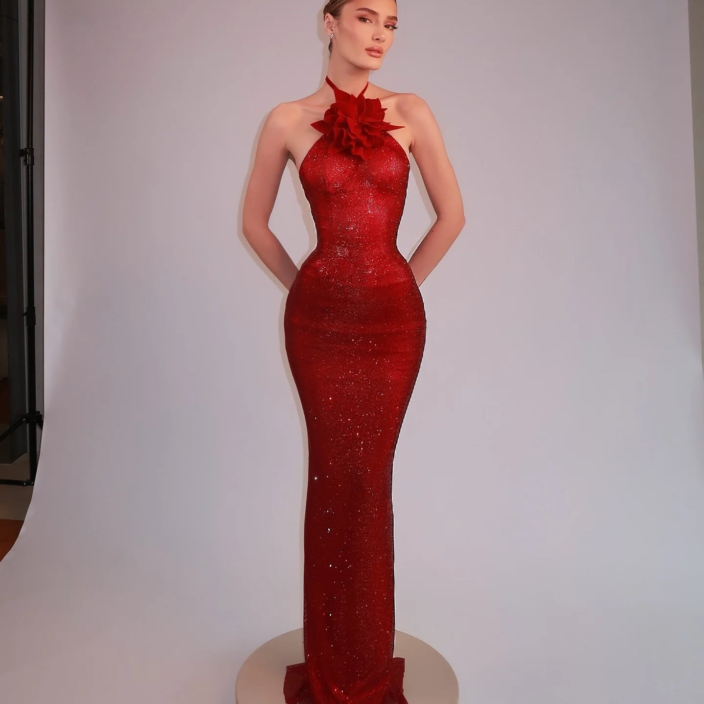 Shinning Rhinestones Women Sexy Halter Backless Bodycon Long Dress Celebrate Fashion Evening Party Birthday Christmas Outfit Red