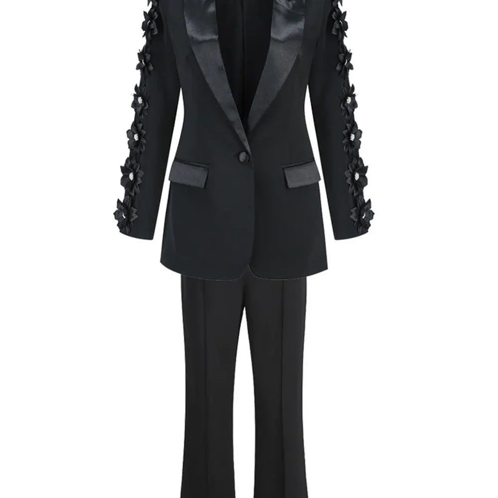 2024 Women Suit Pants Set with Collar, Long Sleeve, Three Dimensional Flower Decoration, Slim Fit Suit Coat+Two Piece Pants Set