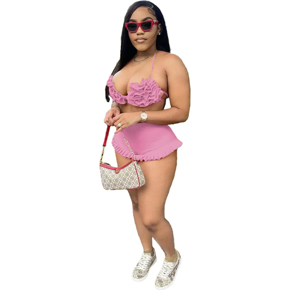 Women's Set Ruffles Crop Top Bra and Shorts Bikini Set Streetwear Casual Two 2 Piece Outfits Summer 2024 Beach Holiday Pink